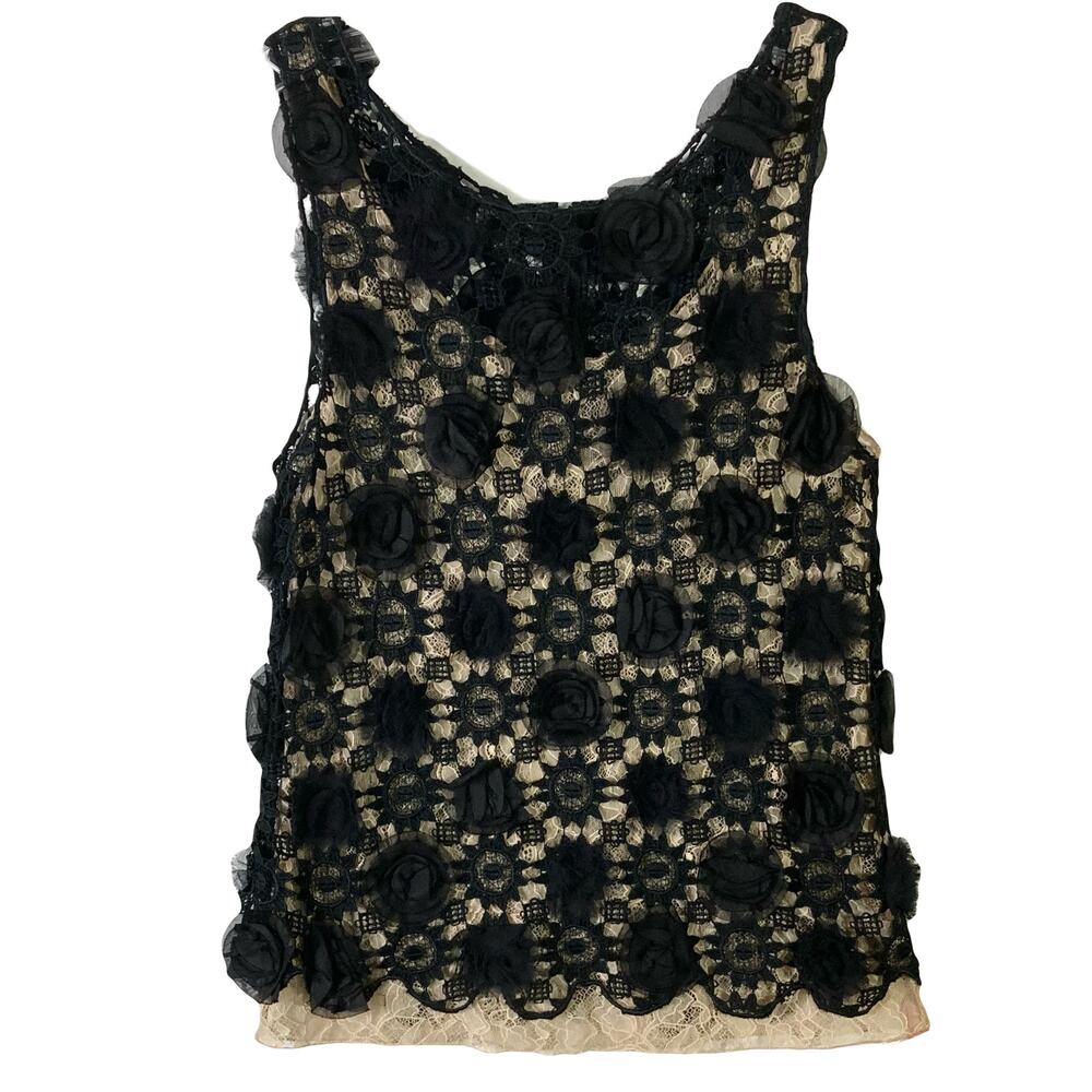 NWOT ALICE OLIVIA Top S Silk Cotton Black Floral-Applique Lace Crochet Underlay